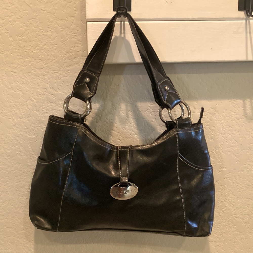 Nine West Black Shoulder Bag with Glossy Finish